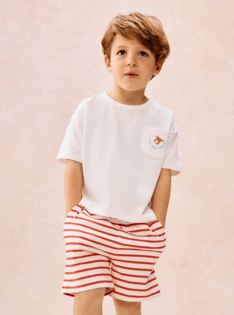 white tee with crab detail and red striped shorts pj set
