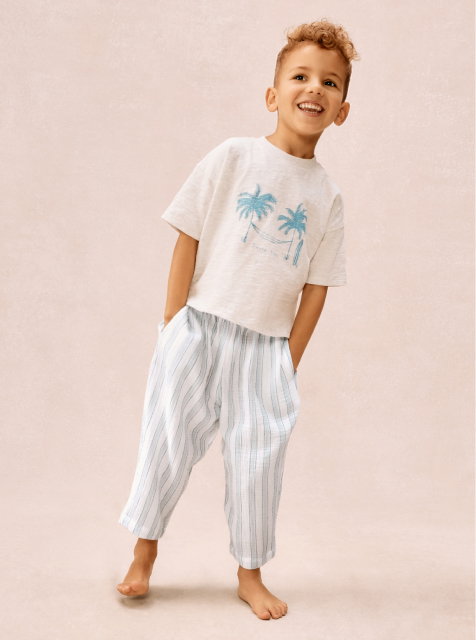 palm tree tee with blue striped bottoms pj set