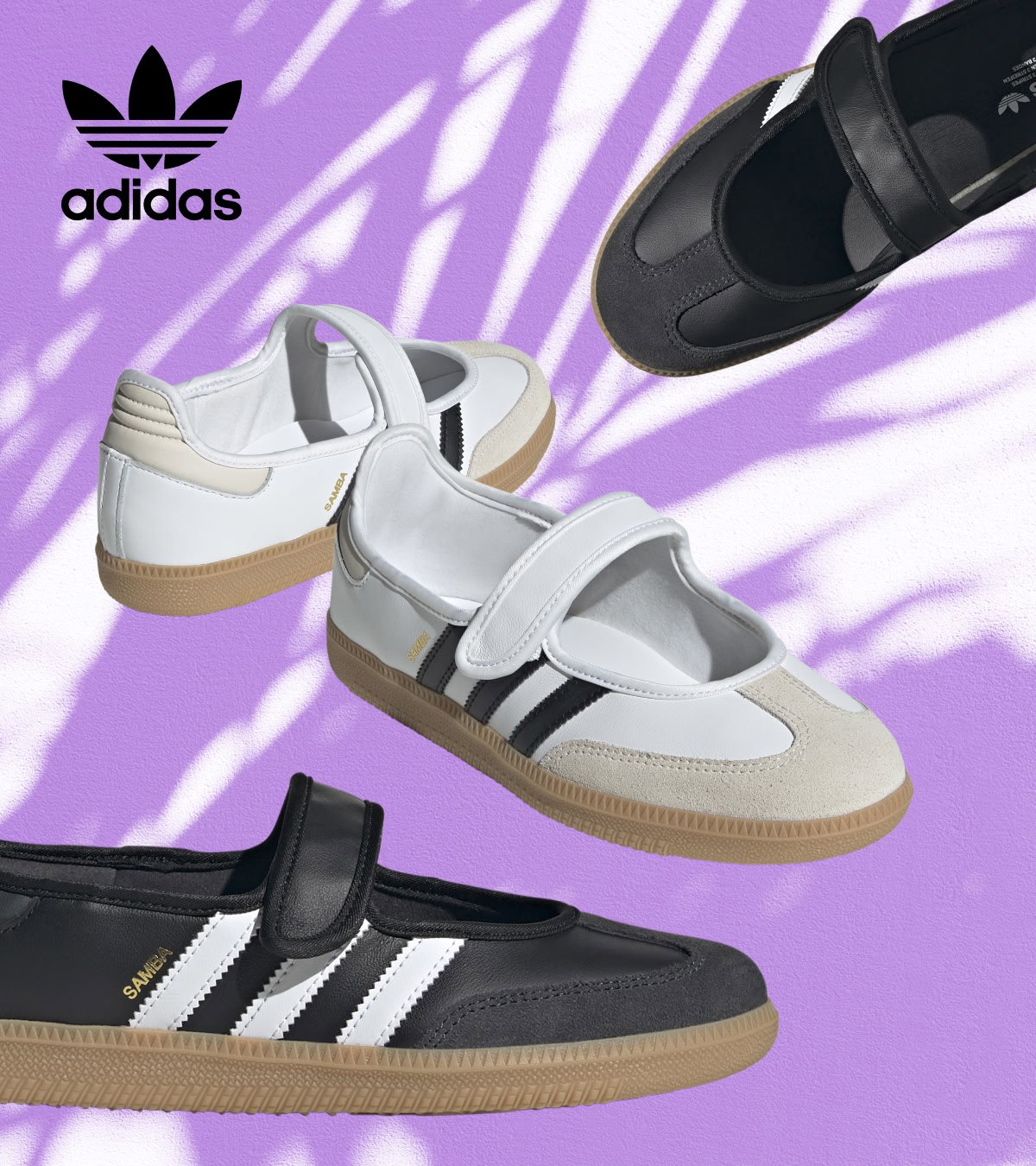 Shop women's shoes, featuring the adidas Mary Janes in white and black