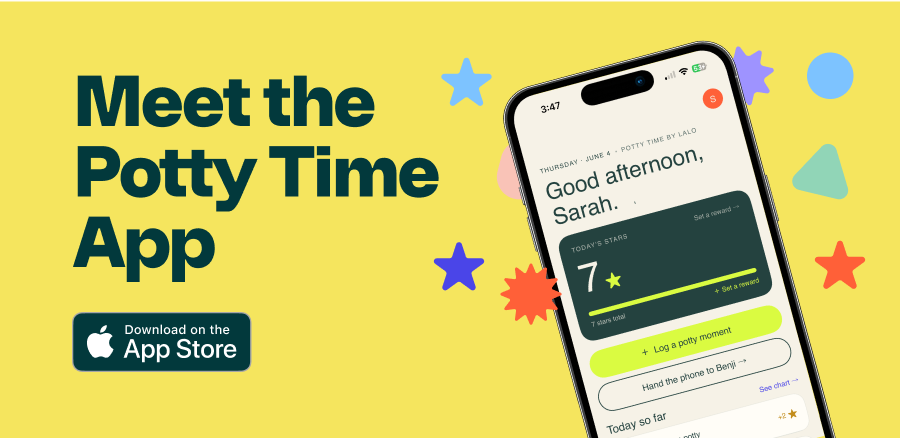 Meet the Potty Time App. Shown on a phone displaying the app's star chart. 'Download on the App Store' button.