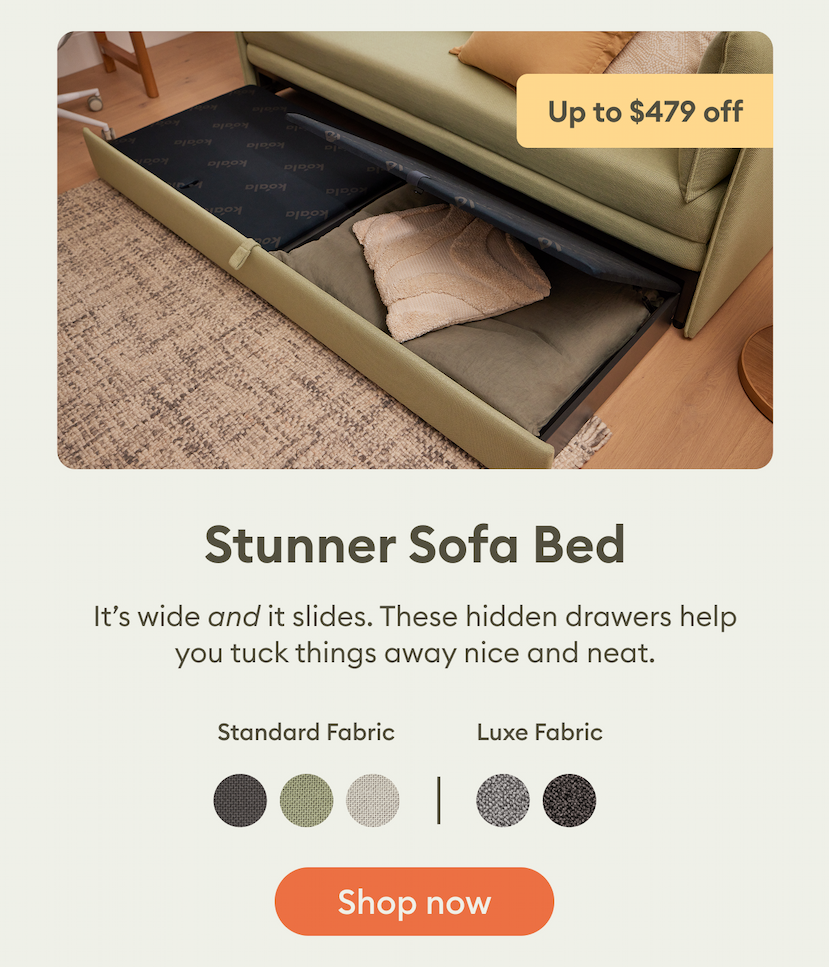 Stunner Sofa Bed on sale — up to $479 off. Wide slide-out hidden drawers provide convenient storage for cushions, bedding and everyday essentials while keeping your space neat and organised. Shop now.