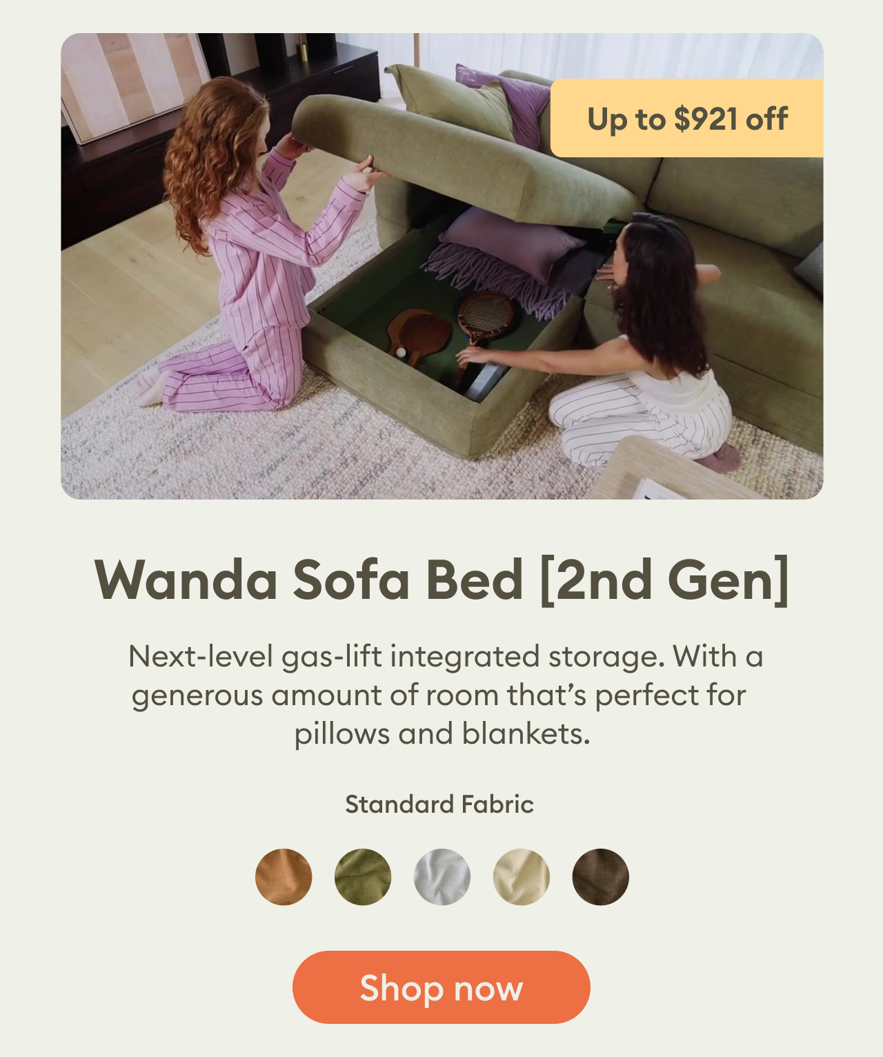 Wanda Sofa Bed [2nd Gen] on sale — up to $922 off. Features next-level gas-lift integrated storage with generous space for pillows, blankets and everyday essentials. Shop now.