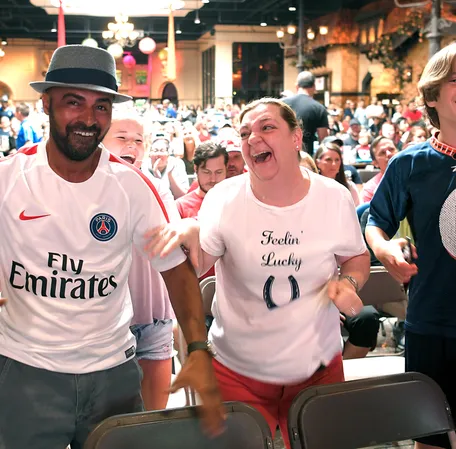 During a World Cup final watch party at Plaza Mariachi, France fans Ali Al Hajery, Karine Al Hajery and Mazx Kohler cheer after France scored on Sunday, July 15, 2018 in Nashville.