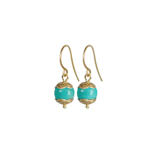22K Gold Sleeping Beauty Turquoise Bead Earrings with Flower Caps