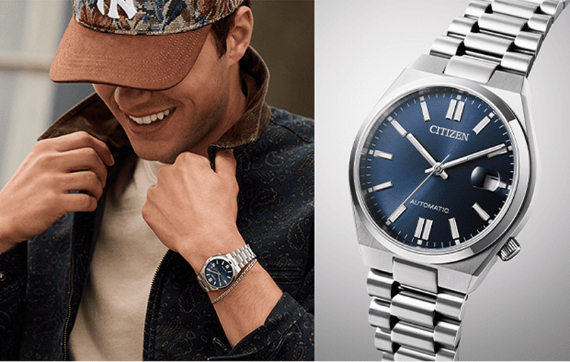 Man wearing a Citizen automatic watch beside a close up of the watch with a blue dial and stainless steel bracelet.