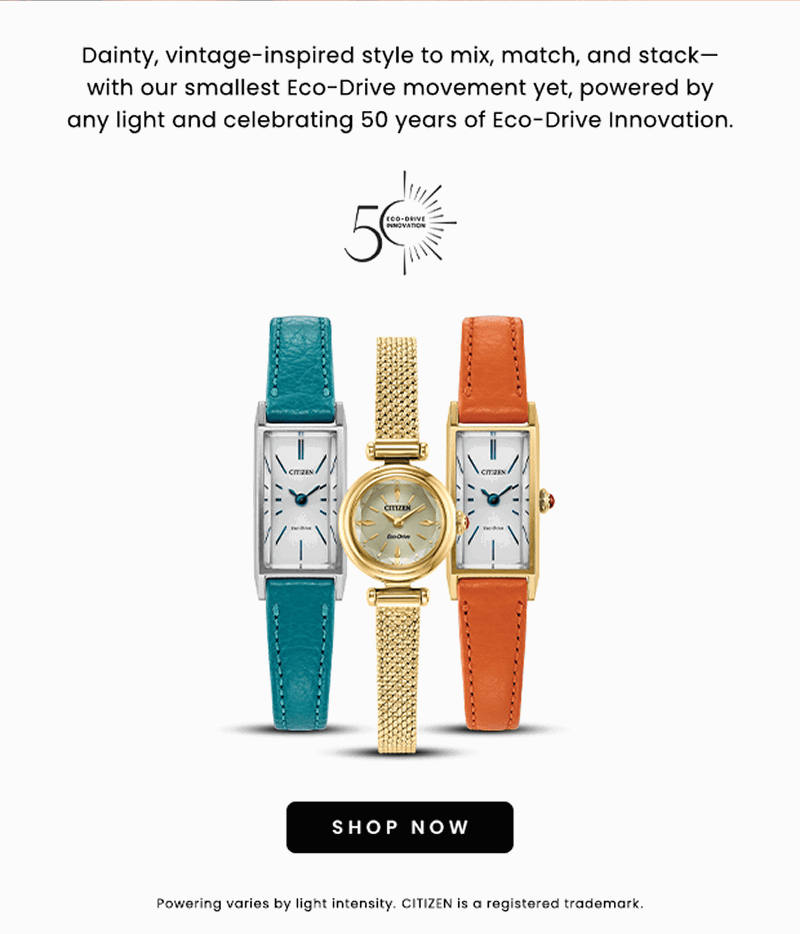 Citizen Eco Drive watches featuring turquoise and orange leather straps and a gold-tone mesh bracelet watch. Click shop now.