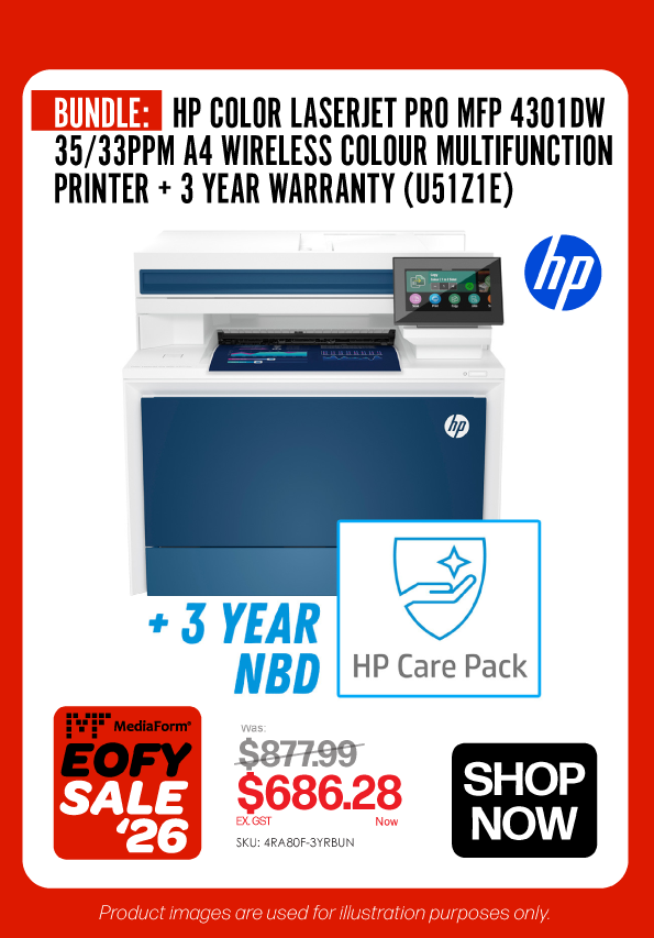 Bundle Deal: HP Color LaserJet Pro MFP 4301dw A4 Wireless Colour Multifunction Printer + 3 Year Warranty - Was $877.99, Now $686.28 ex GST 