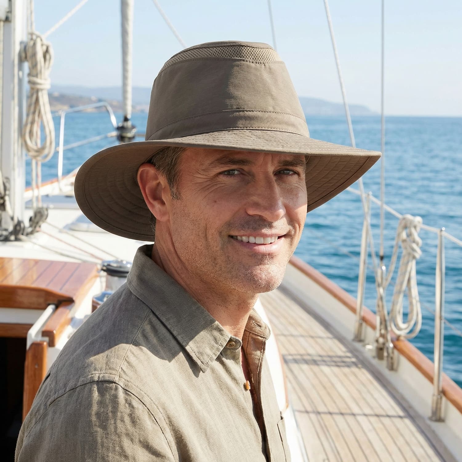 Man wearing sun hat on a boat