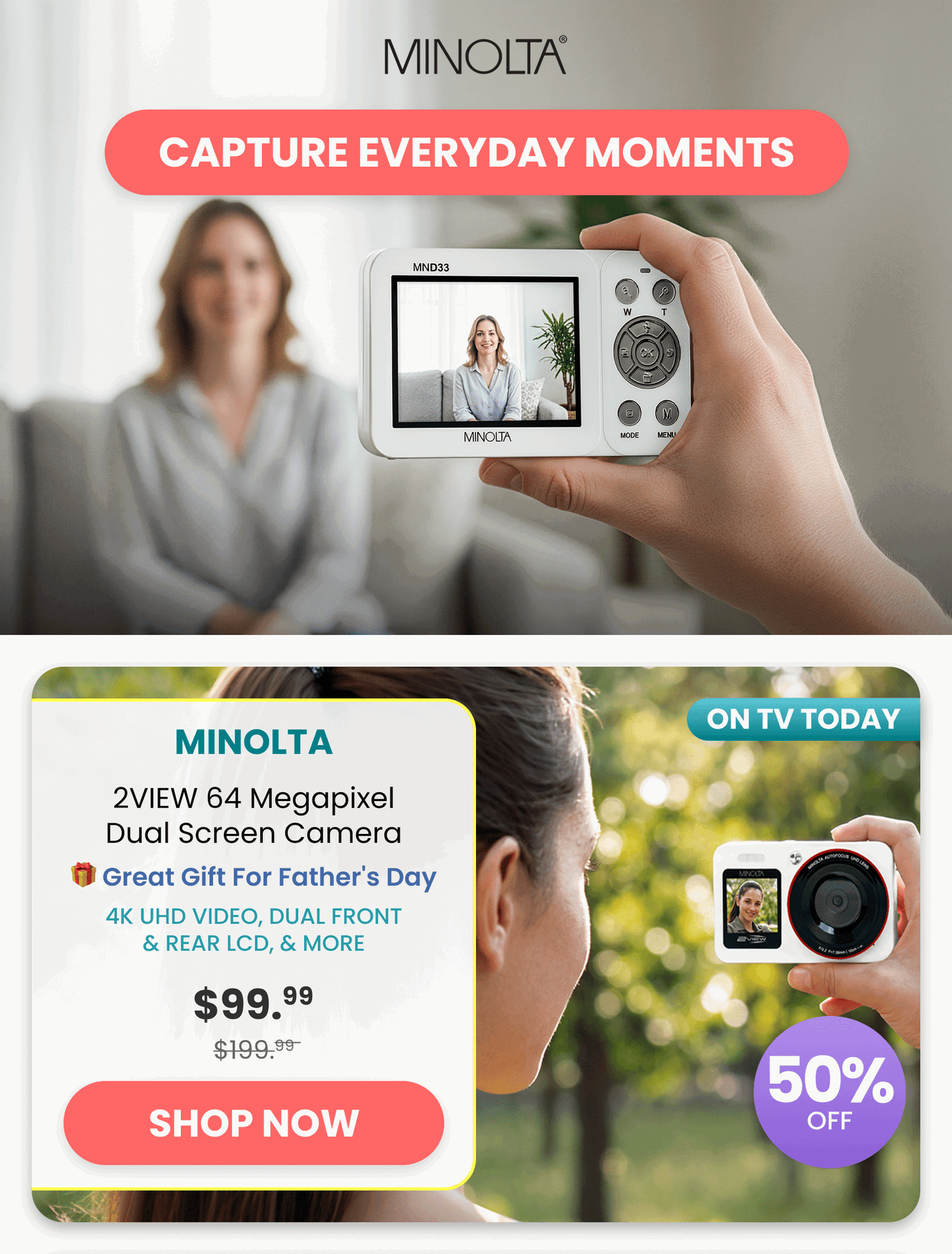 Minolta 2VIEW 64 Megapixels Dual Screen Camera /4K UHD video, dual front & rear LCD, & more