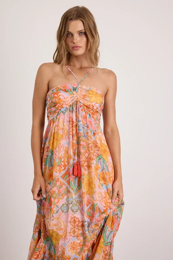 Image of Grace Bay Blush Multi Boho Print Halter Maxi Dress