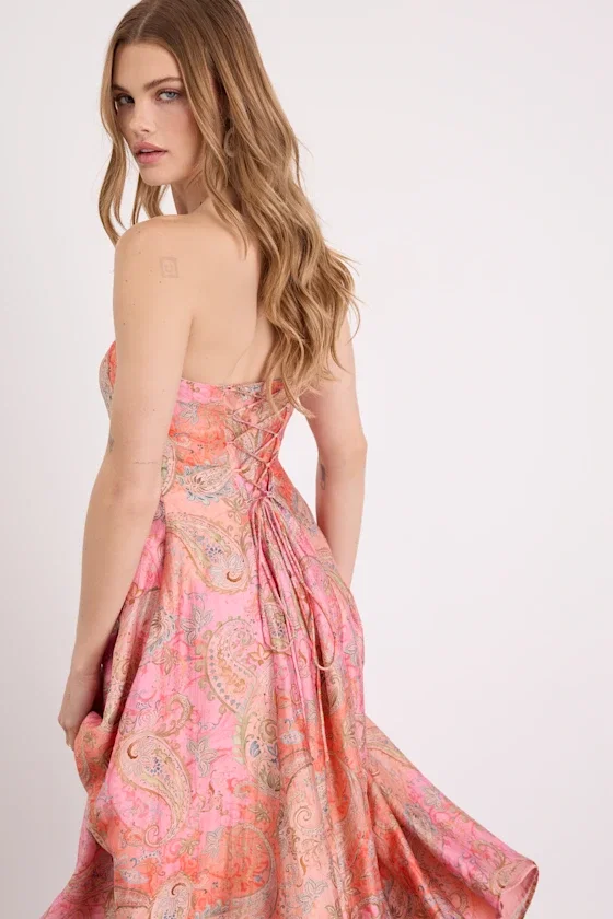 Image of Lexis Pink Multi Boho Print Lace-Up Midi Dress