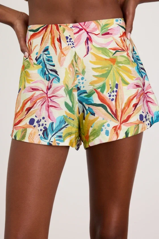 Image of Talise Ivory Multi Tropical Print High-Rise Shorts