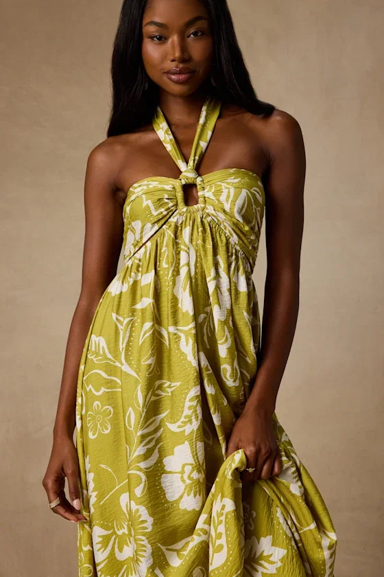 Image of Anessa Chartreuse Floral Halter Maxi Dress