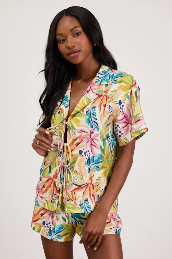 Image of Talise Ivory Multi Tropical Print Tie-Front Collared Top