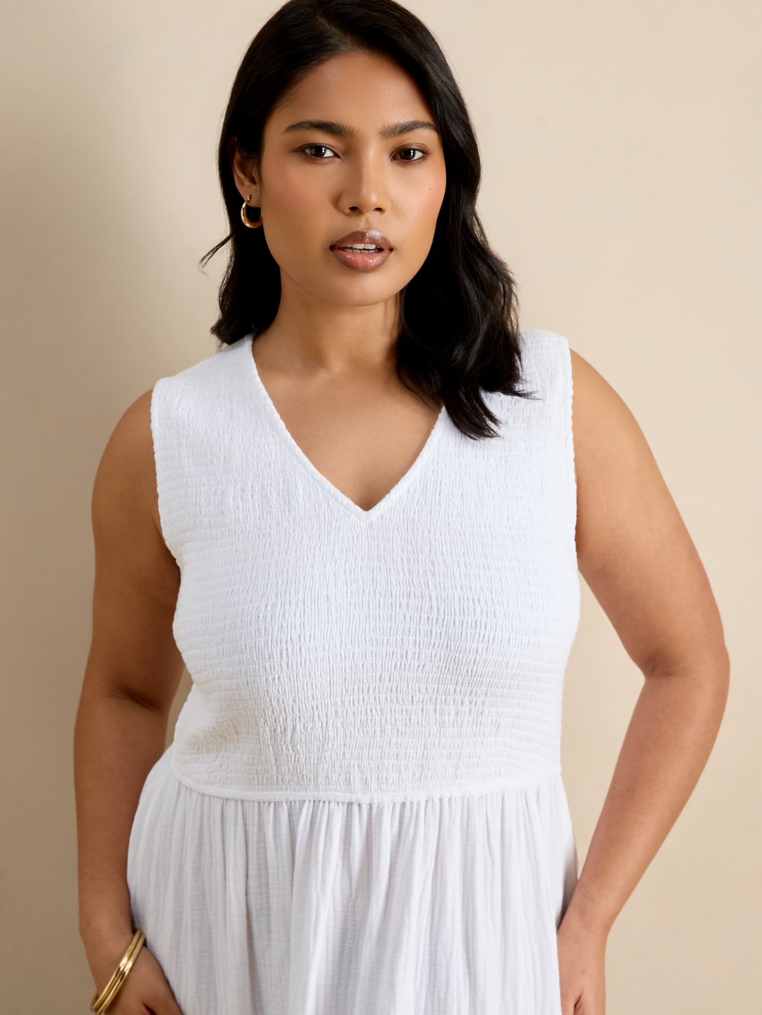 White Cheesecloth Shirred Bodice Broderie Hem Maxi Dress
