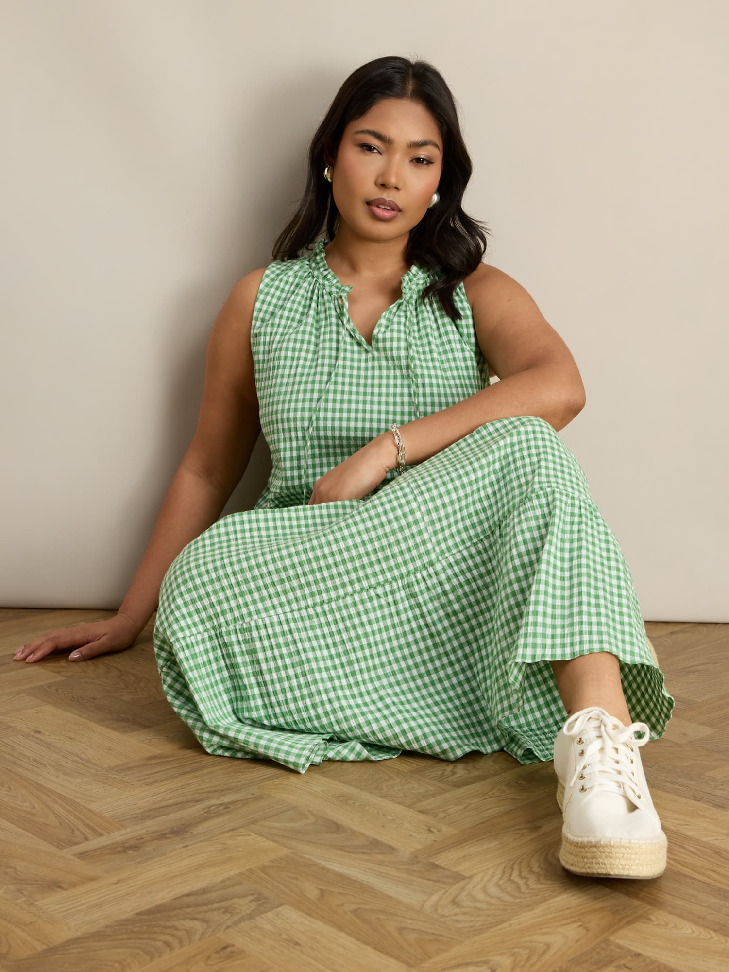 Green Gingham Maxi Tiered Sleeveless Cotton Dress