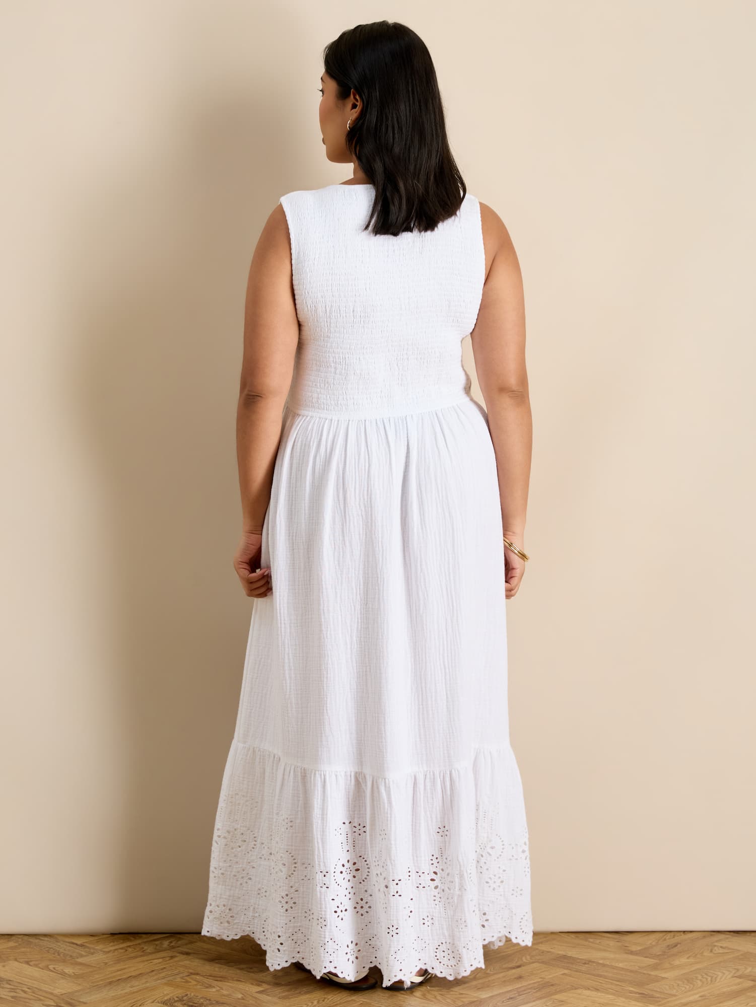 White Cheesecloth Shirred Bodice Broderie Hem Maxi Dress