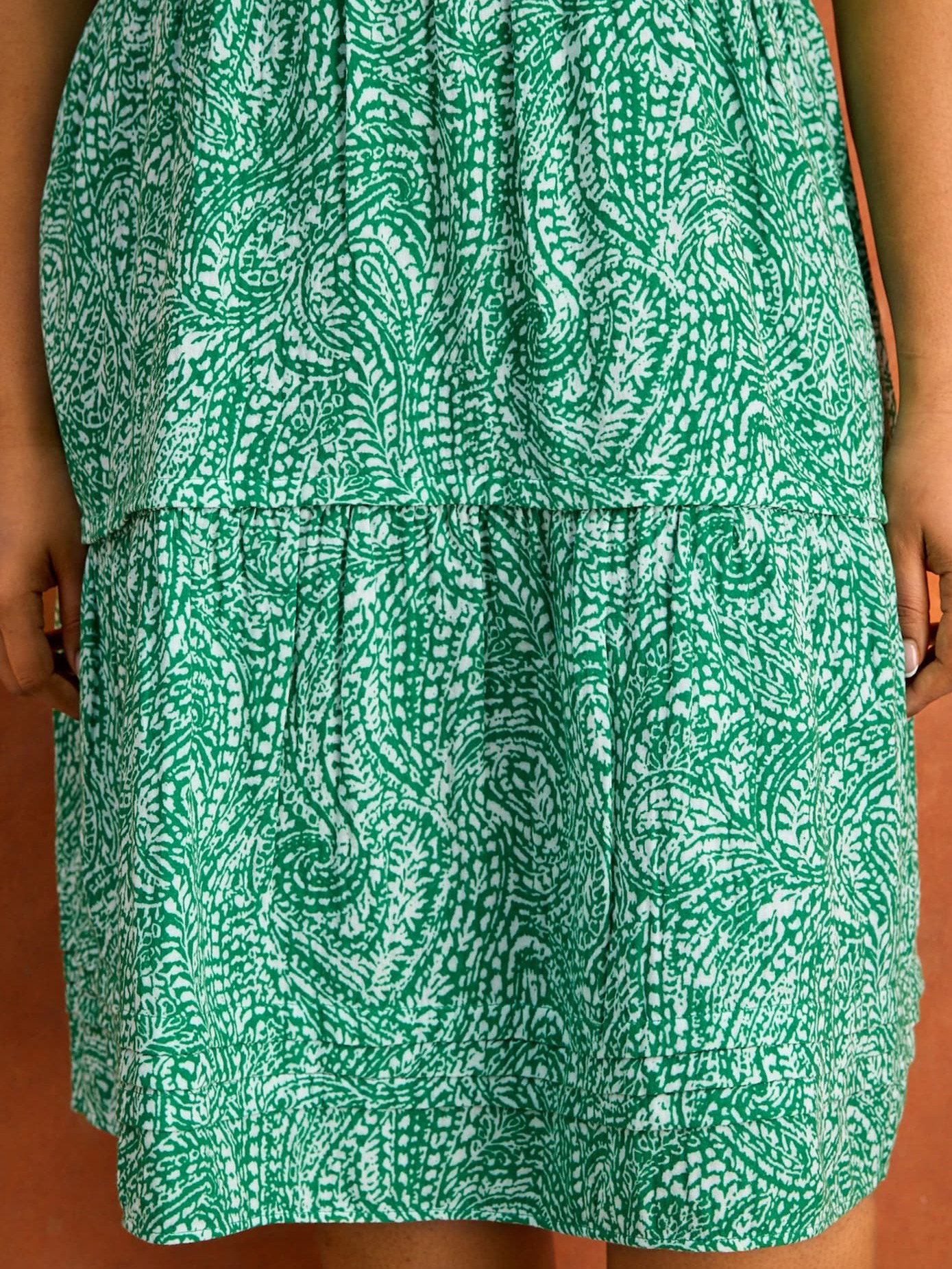 Green Print Cheesecloth Pintuck Knee Length Dress