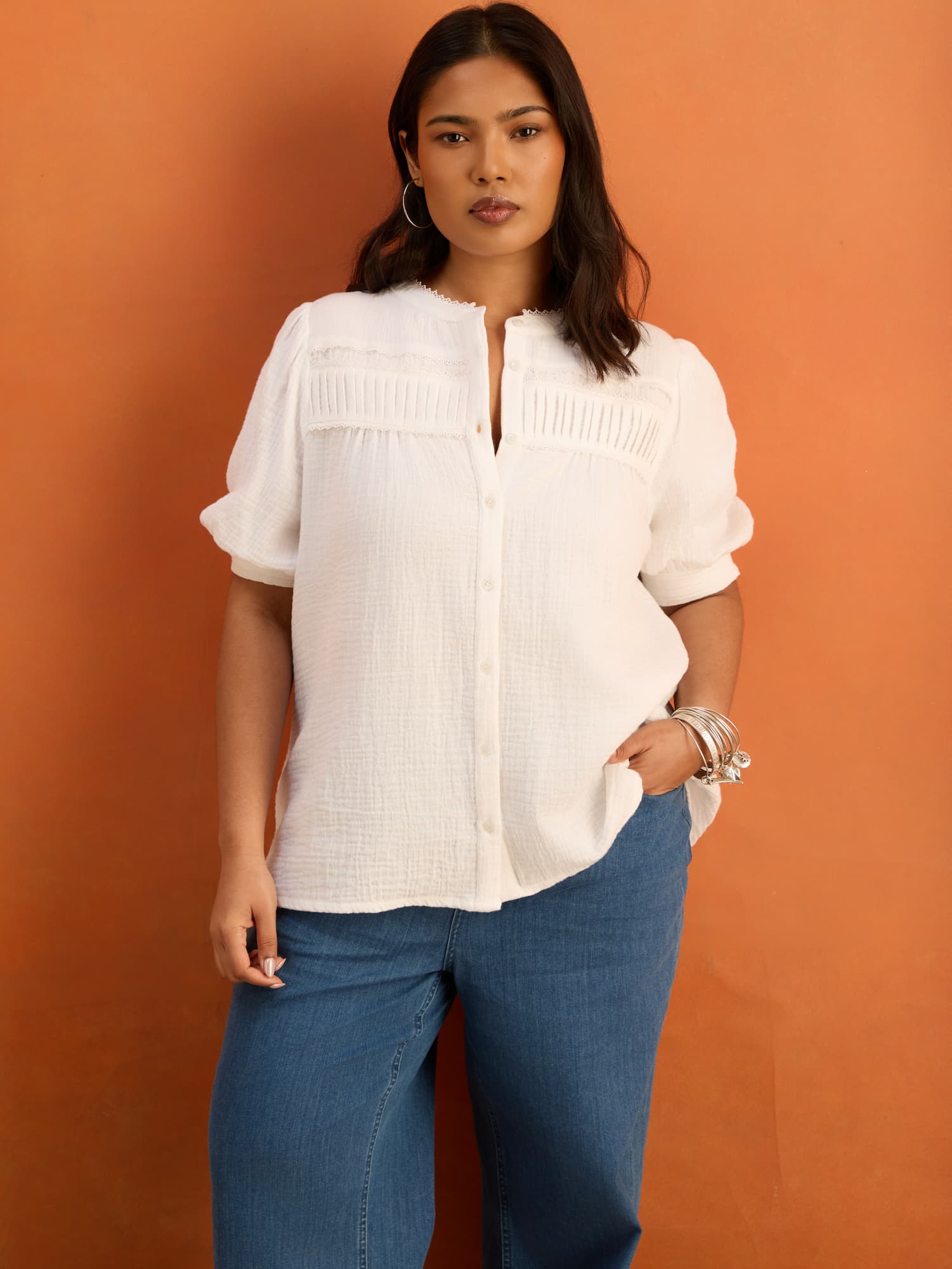 White Cheesecloth Pintuck Detail Short Sleeve Blouse