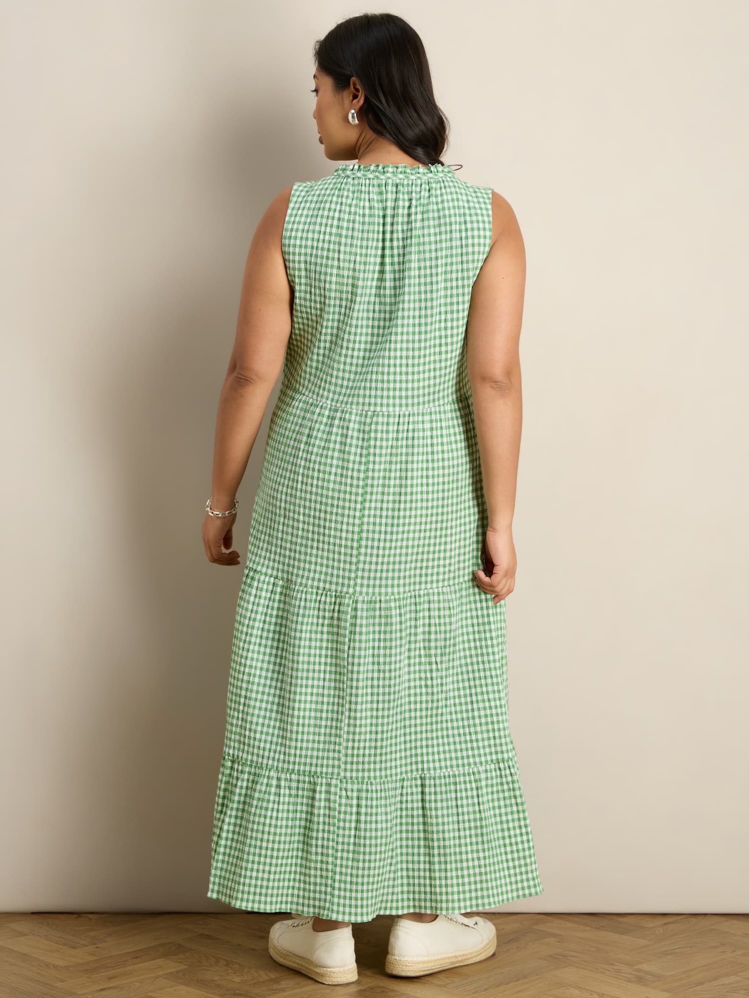 Green Gingham Maxi Tiered Sleeveless Cotton Dress
