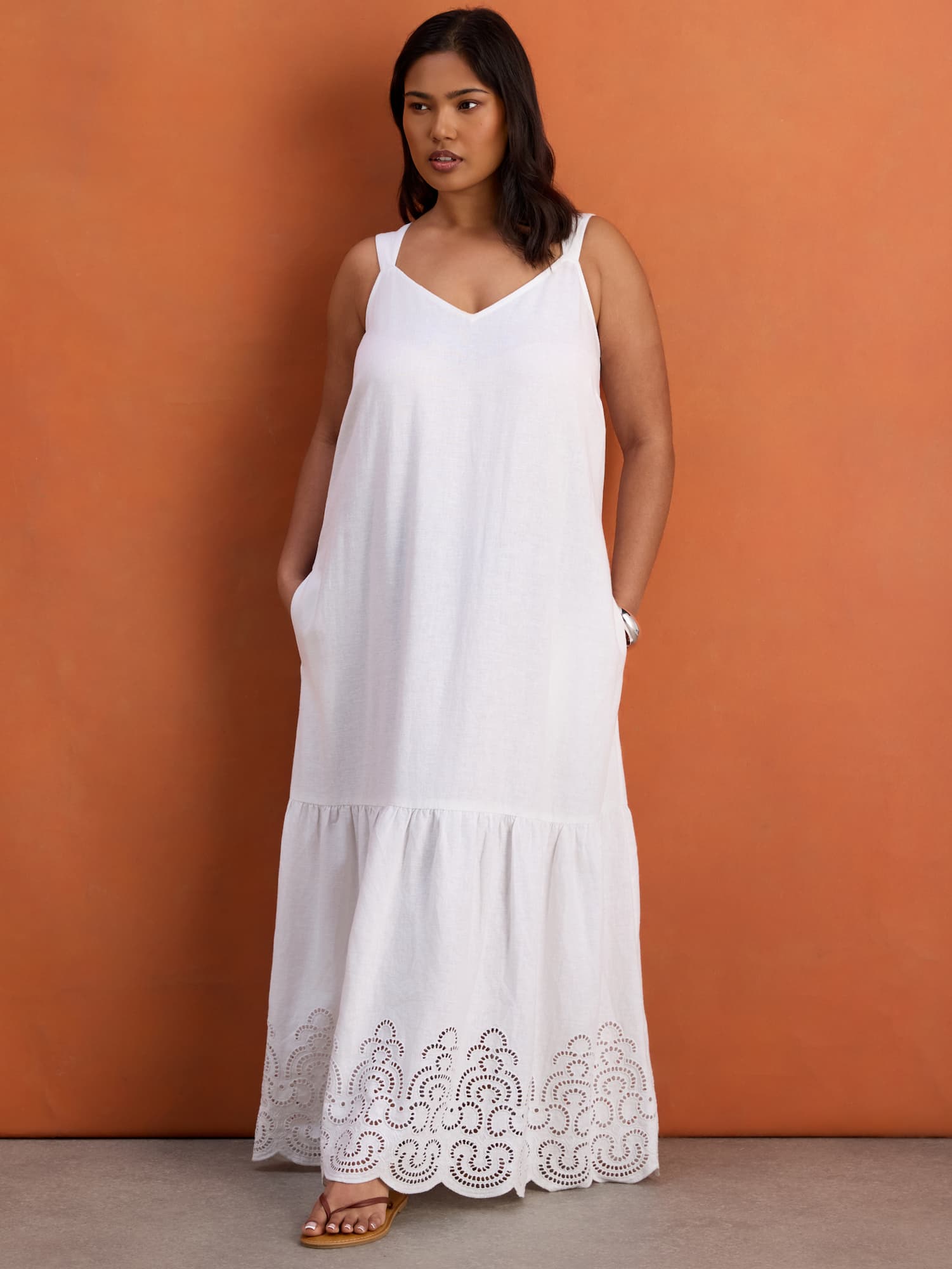 White Linen Blend Broderie Maxi Dress