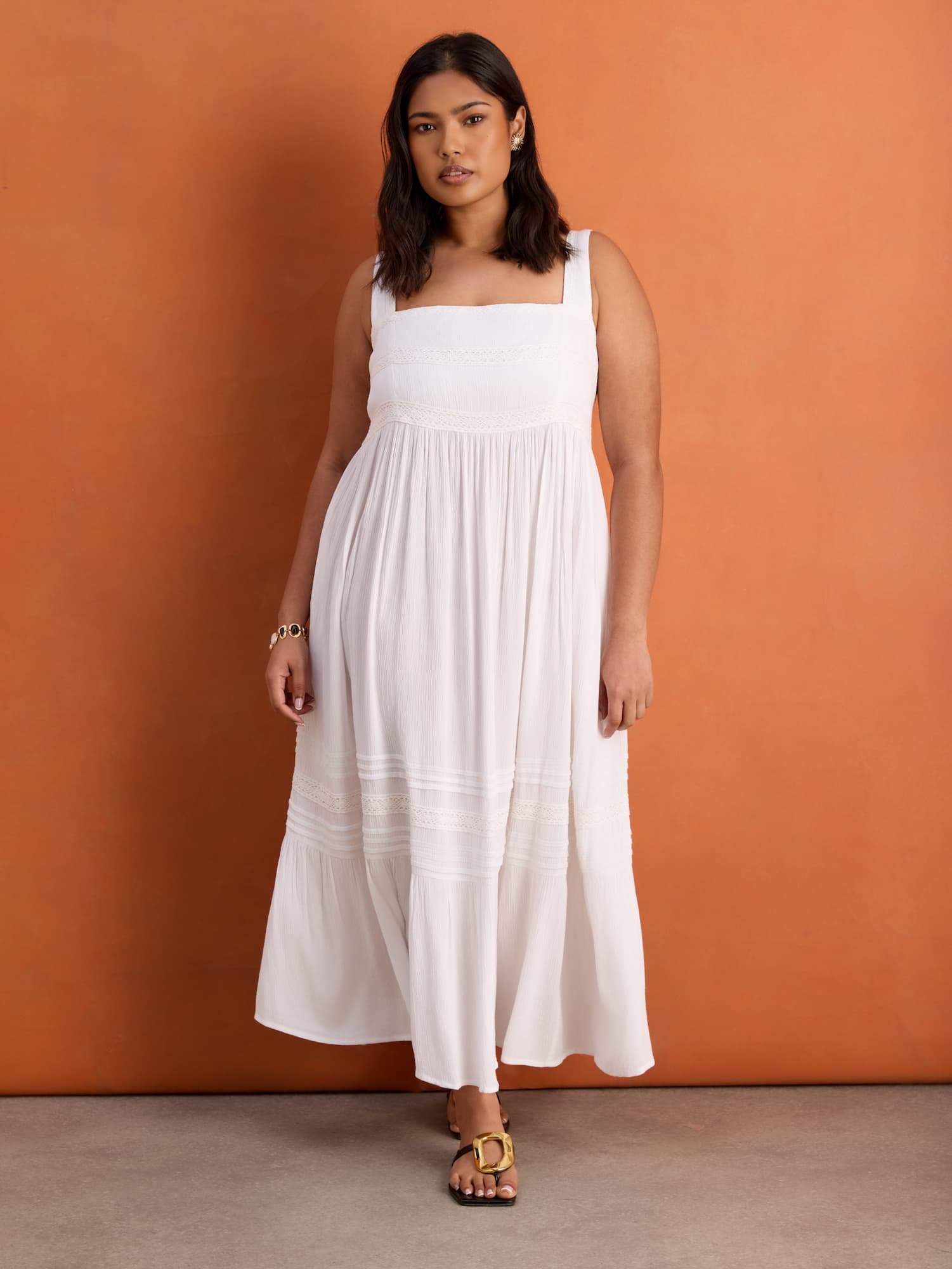 White Crinkle Pintuck Lace Trim Midaxi Dress