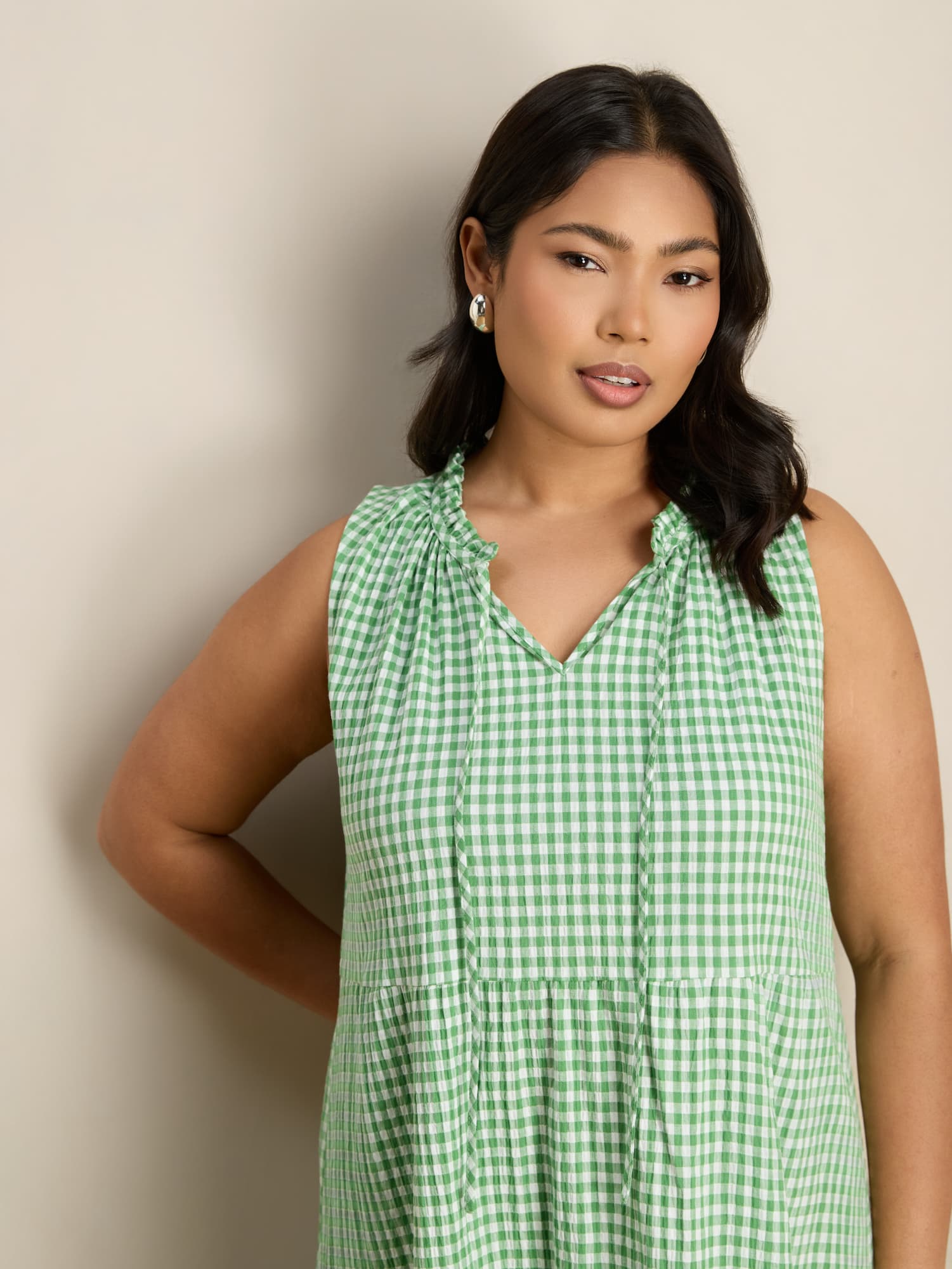 Green Gingham Maxi Tiered Sleeveless Cotton Dress