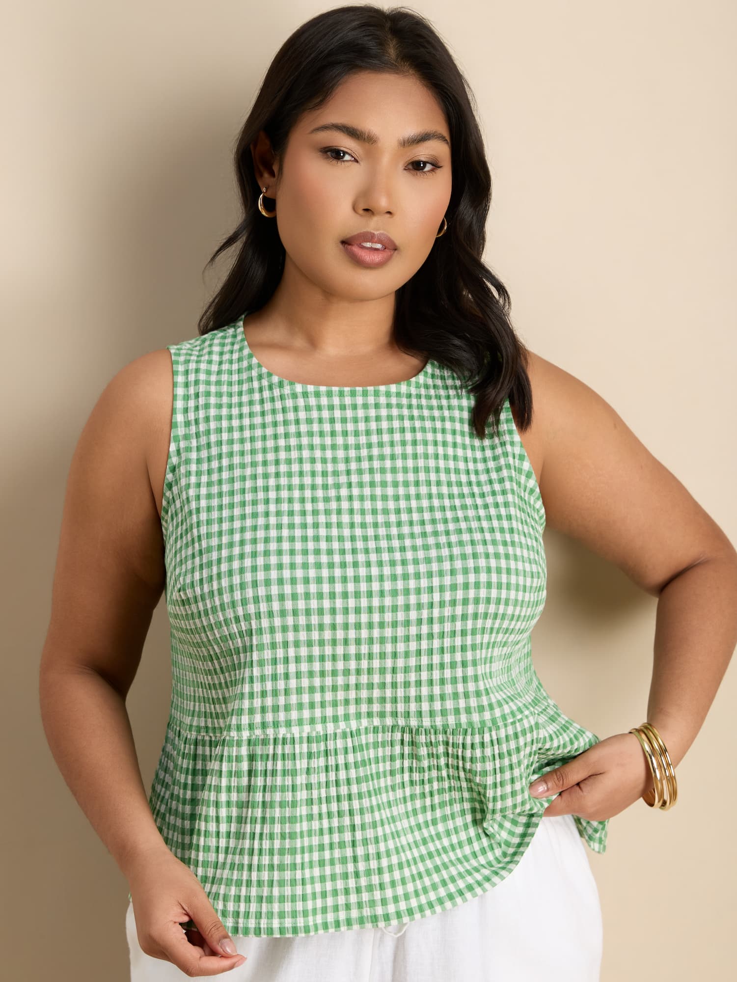 Green Gingham Cotton Peplum Top