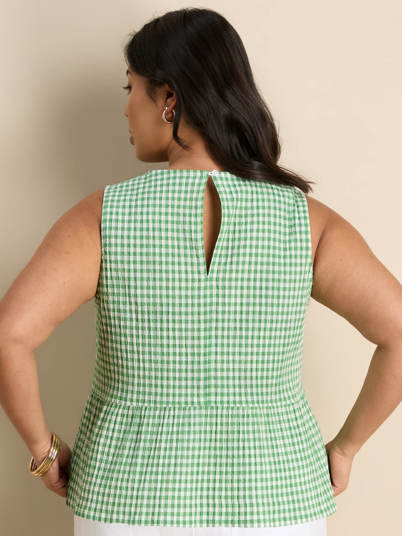Green Gingham Cotton Peplum Top