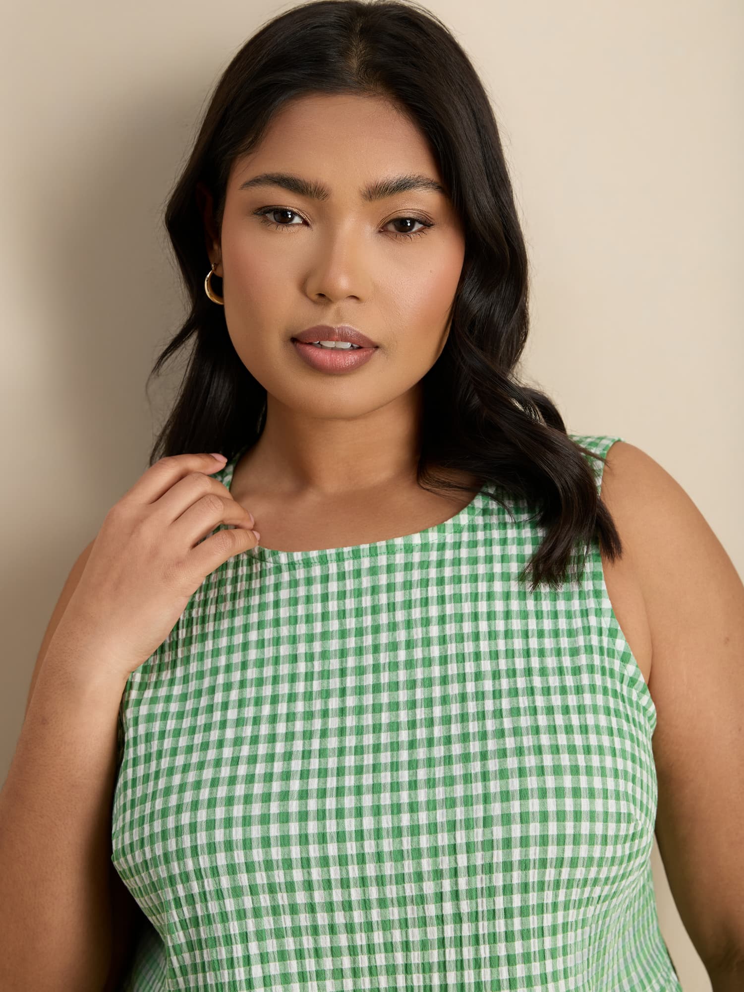 Green Gingham Cotton Peplum Top