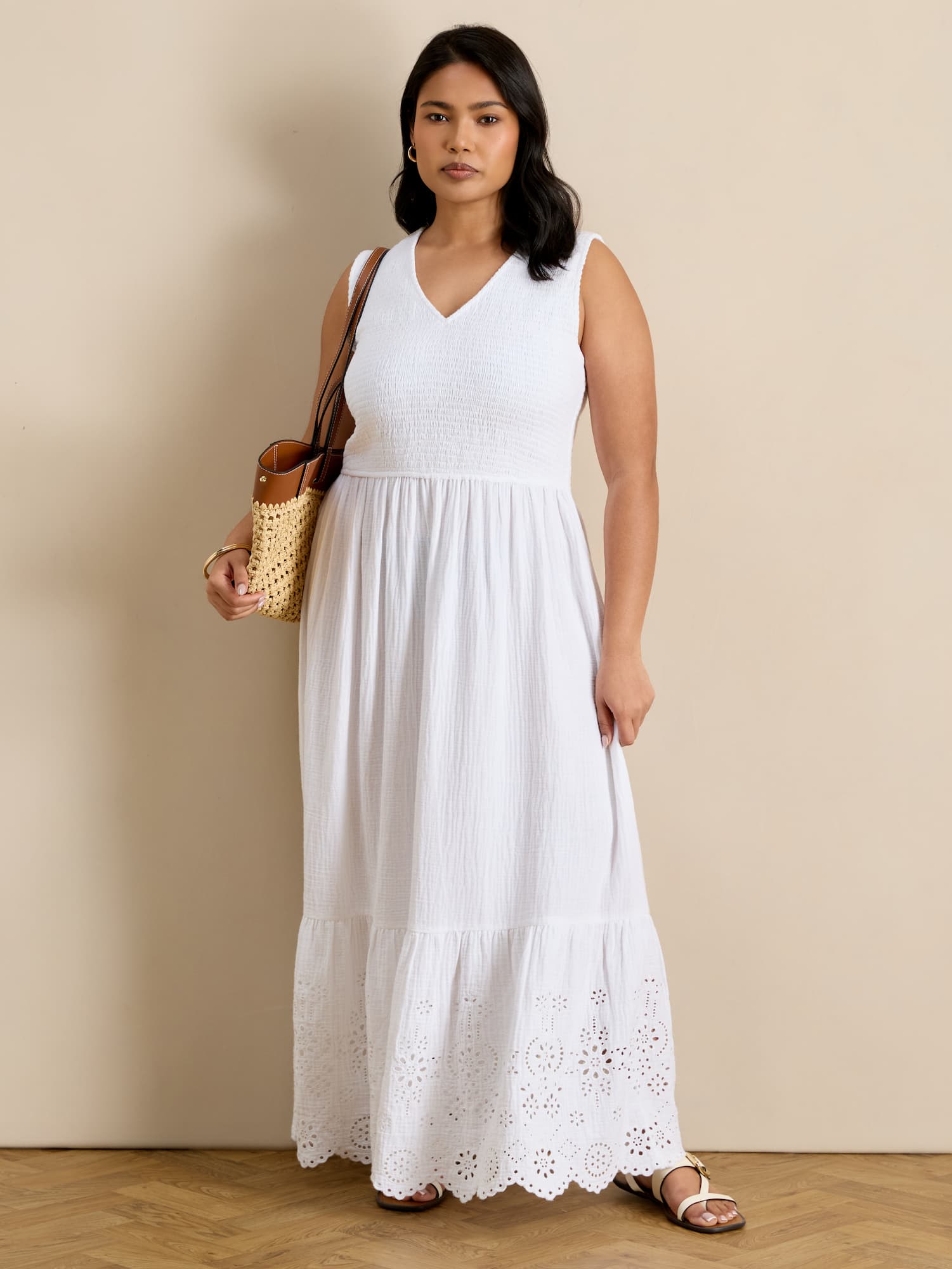 White Cheesecloth Shirred Bodice Broderie Hem Maxi Dress