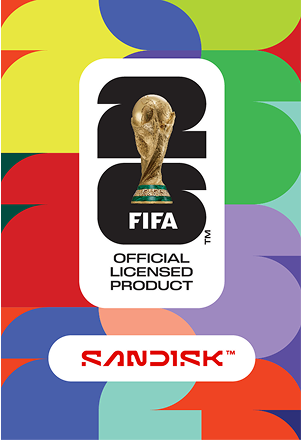SanDisk branded image promoting FIFA 2026, with the official FIFA World Cup trophy icon and 'OFFICIAL LICENSED PRODUCT' text.