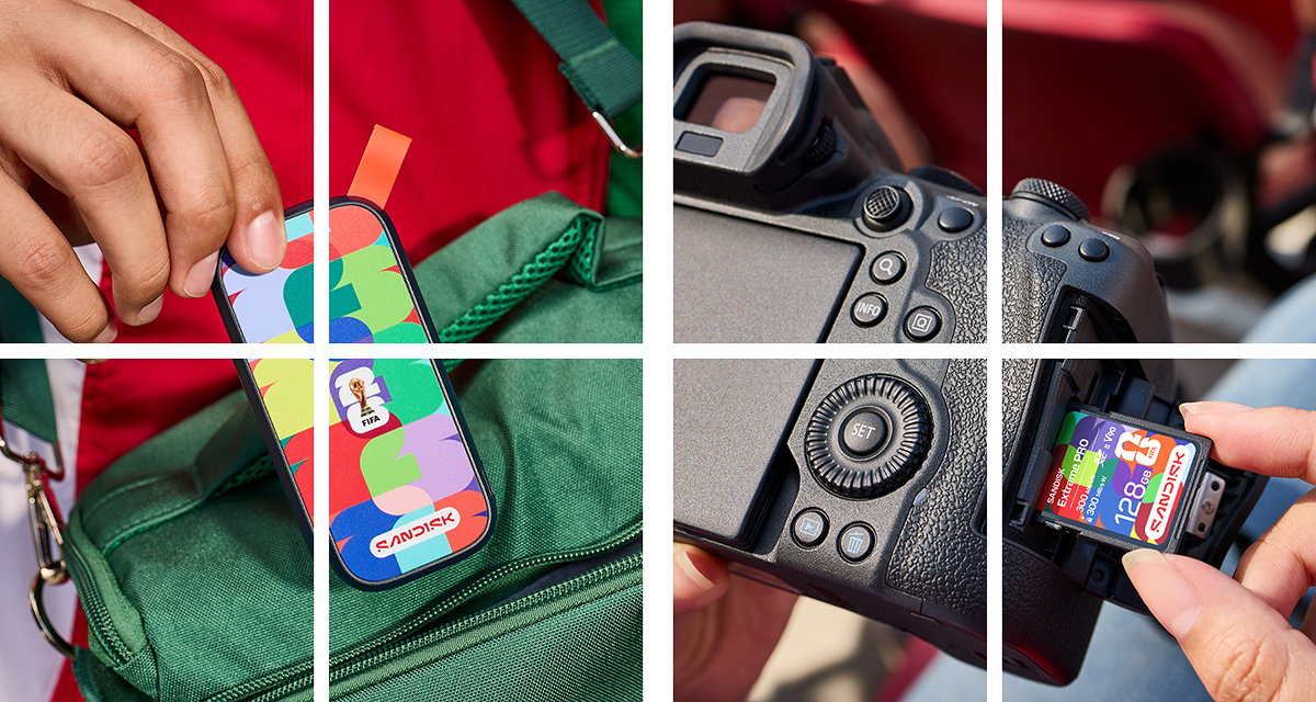 A collage of six images showing a SanDisk FIFA World Cup USB drive, close-ups of a professional camera, and a SanDisk Extreme PRO SD card being inserted into a camera.