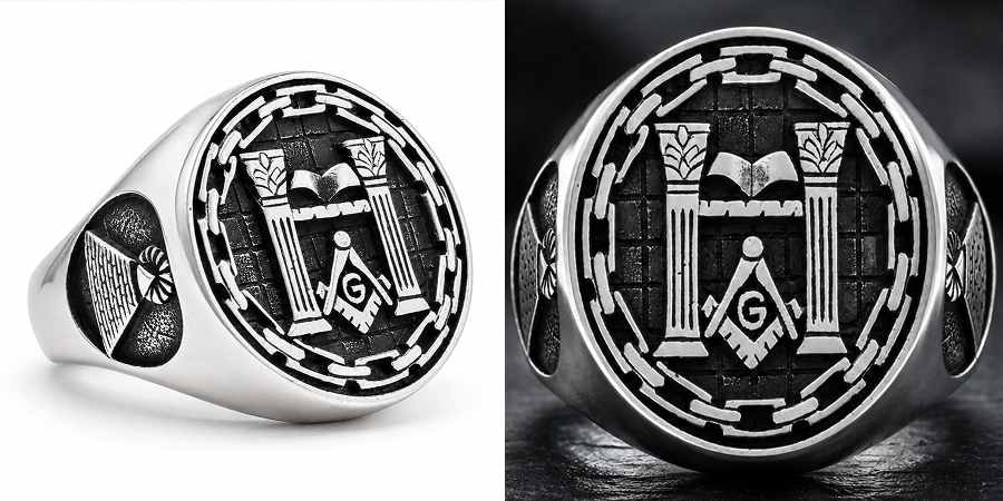 Master Mason Blue Lodge Ring - Square & Compass G With Columns In Silver.jpg