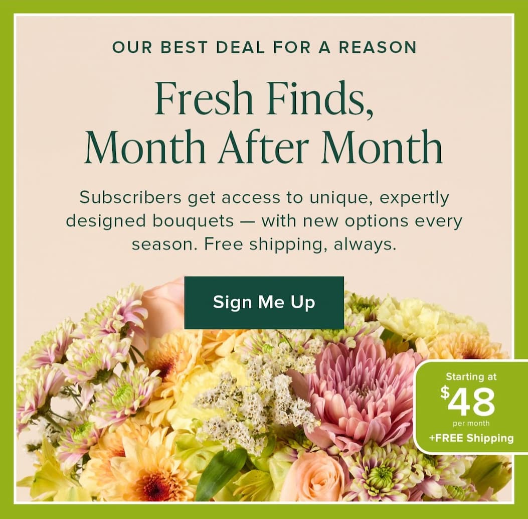 Fresh Finds, Month After Month. Subscribers get access to unique, expertly designed bouquets -- with new options every season. Free shipping always. Our Best Deal For A Reason: Starting at $48 per month + Free Shipping. Sign Me Up. 