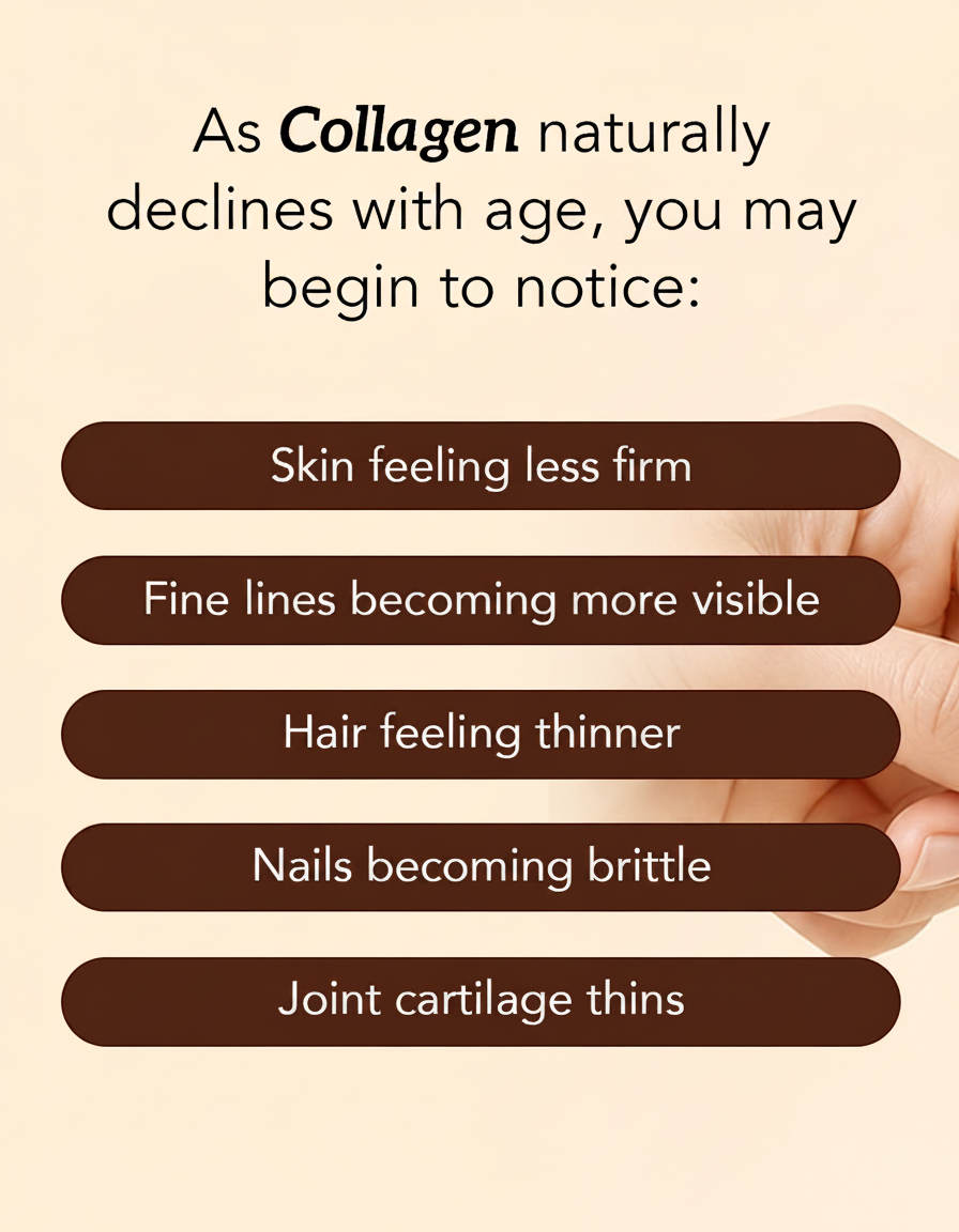 List of signs of collagen decline with age: skin less firm, fine lines, thinner hair, brittle nails, joint cartilage thinning.