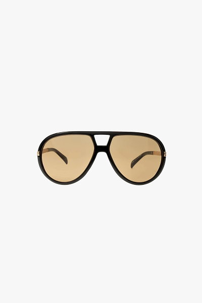 Black aviator sunglasses with brown tinted lenses on white background