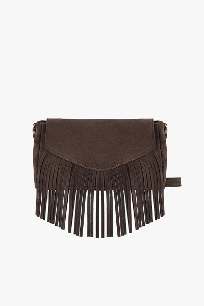 Brown suede clutch bag with fringe detailing on a white background