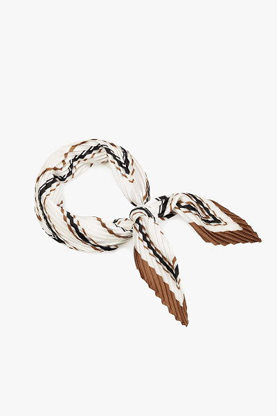 Elegant pleated scarf with brown, black, and white stripes on a white background