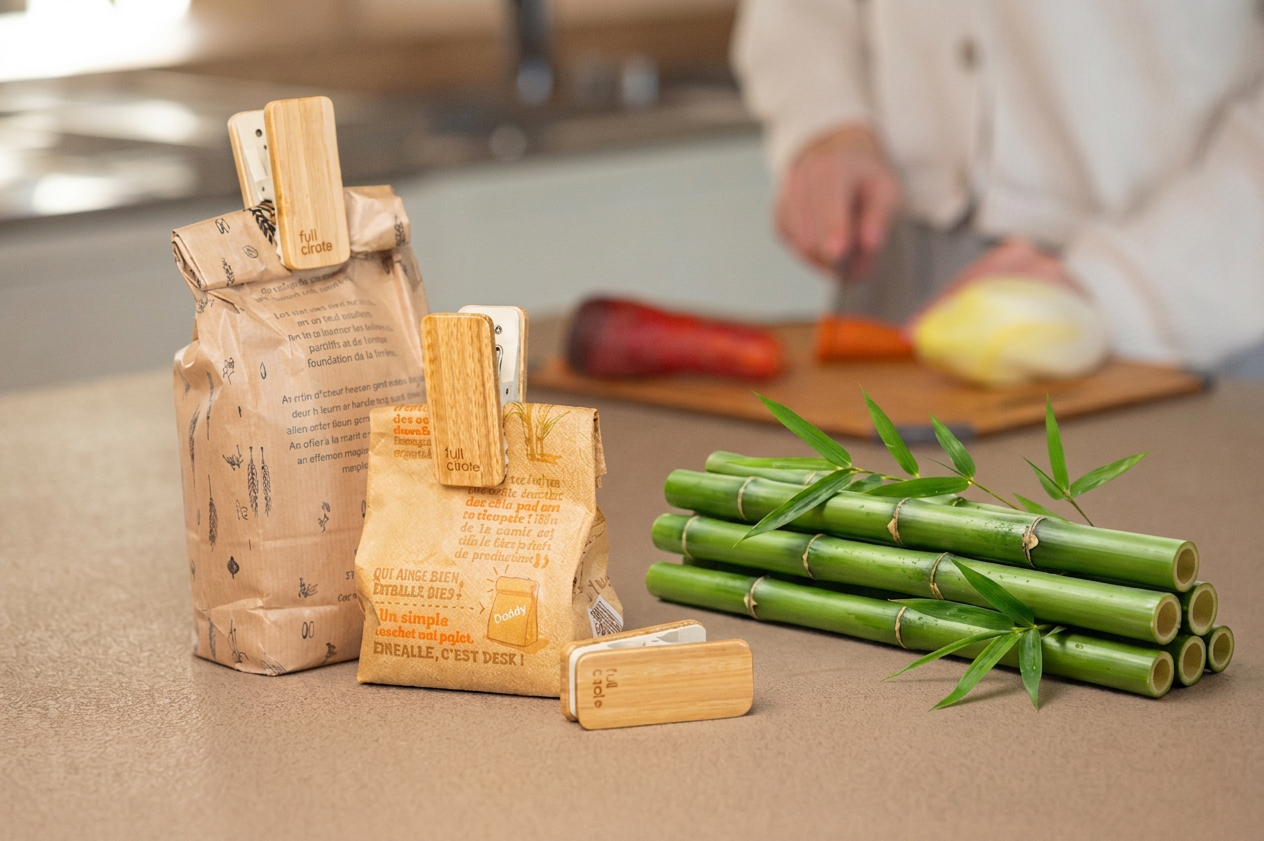 Bamboo clips secure bags of flour and bamboo stalks rest on a kitchen counter.