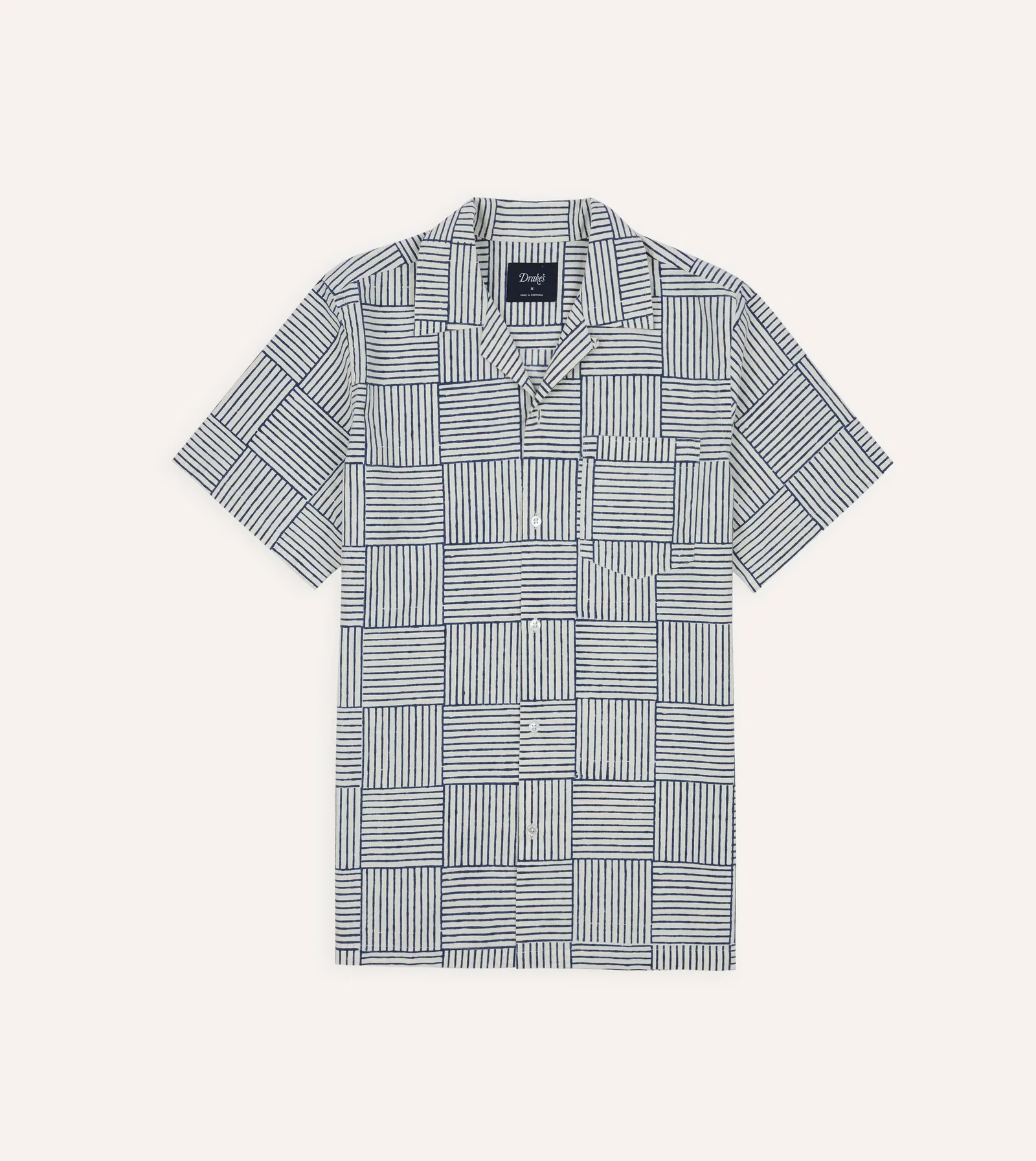 Image of Navy Weave Block Print Cotton Camp Collar Short Sleeve Shirt