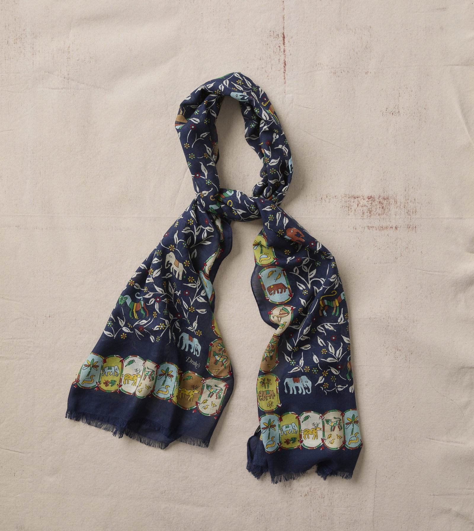 Image of Navy Loose Animal Print Wool-Silk Scarf