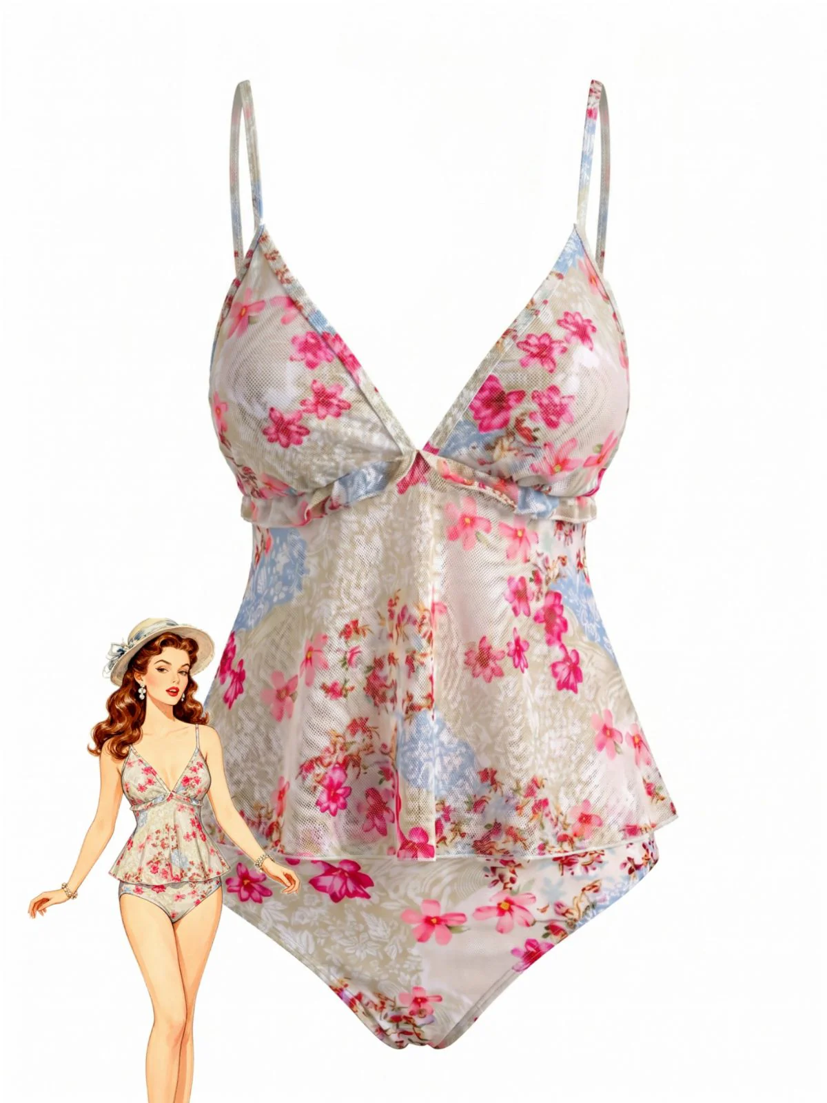Pink 1930s Floral Patchwork Spaghetti Strap Ruffle Peplum Tankini Set