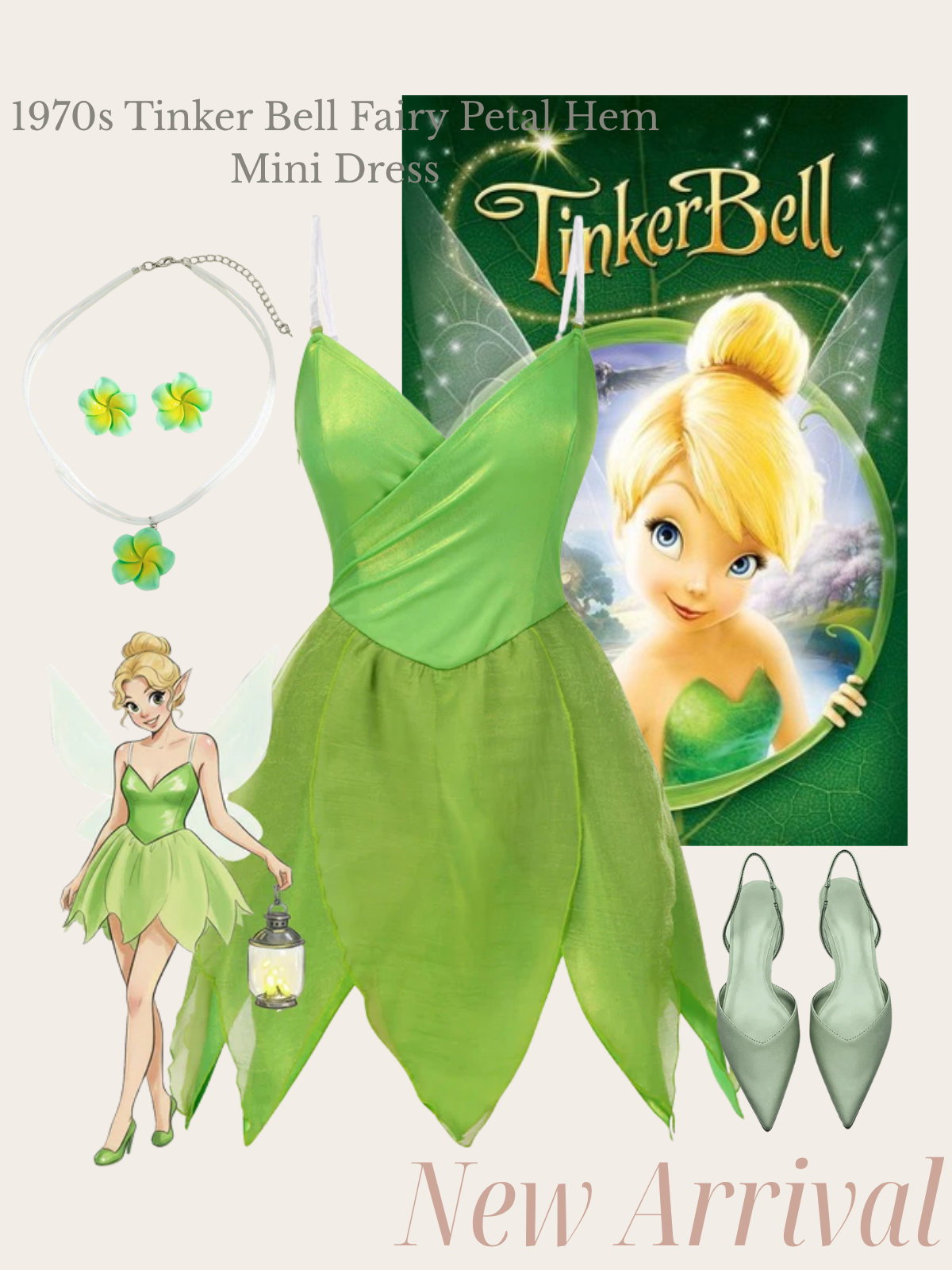 [Pre-Sale] Green 1970s Tinker Bell Fairy Petal Hem Mini Dress