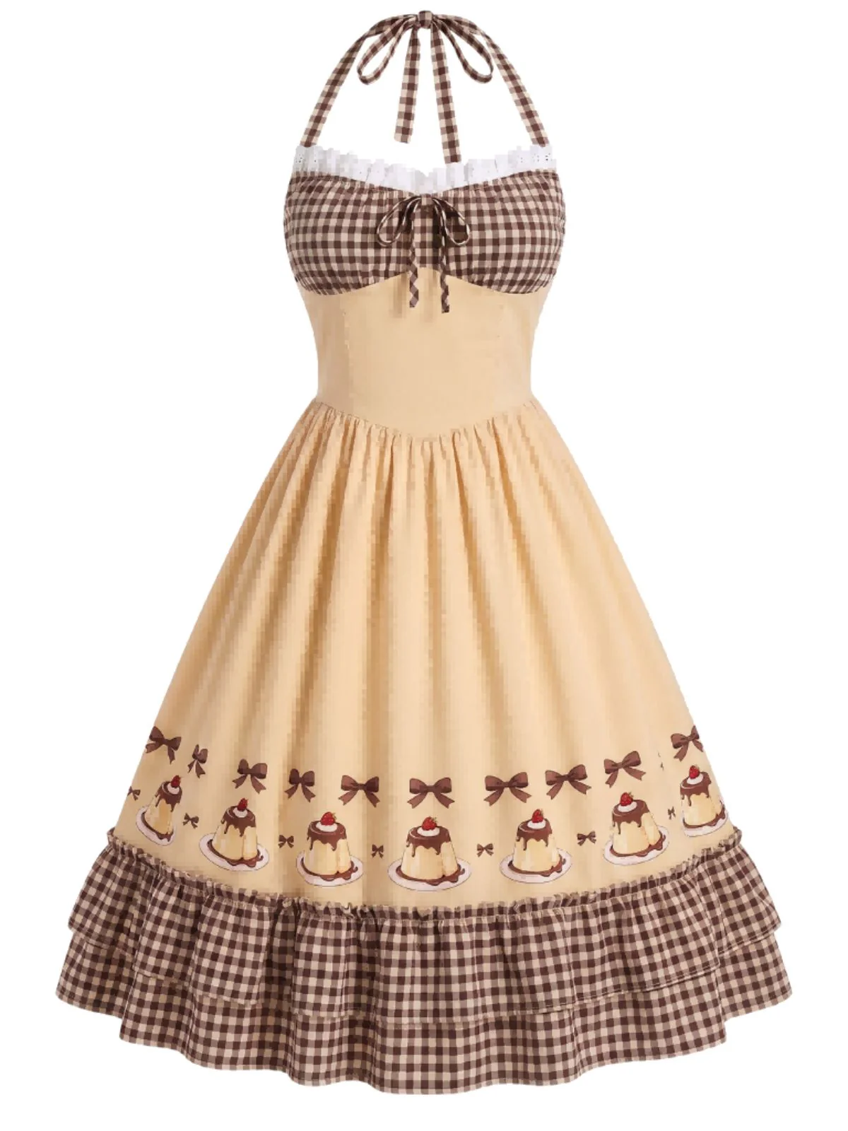 [Pre-Sale] 1950s Halter Gingham Caramel Pudding Bow Tiered Dress