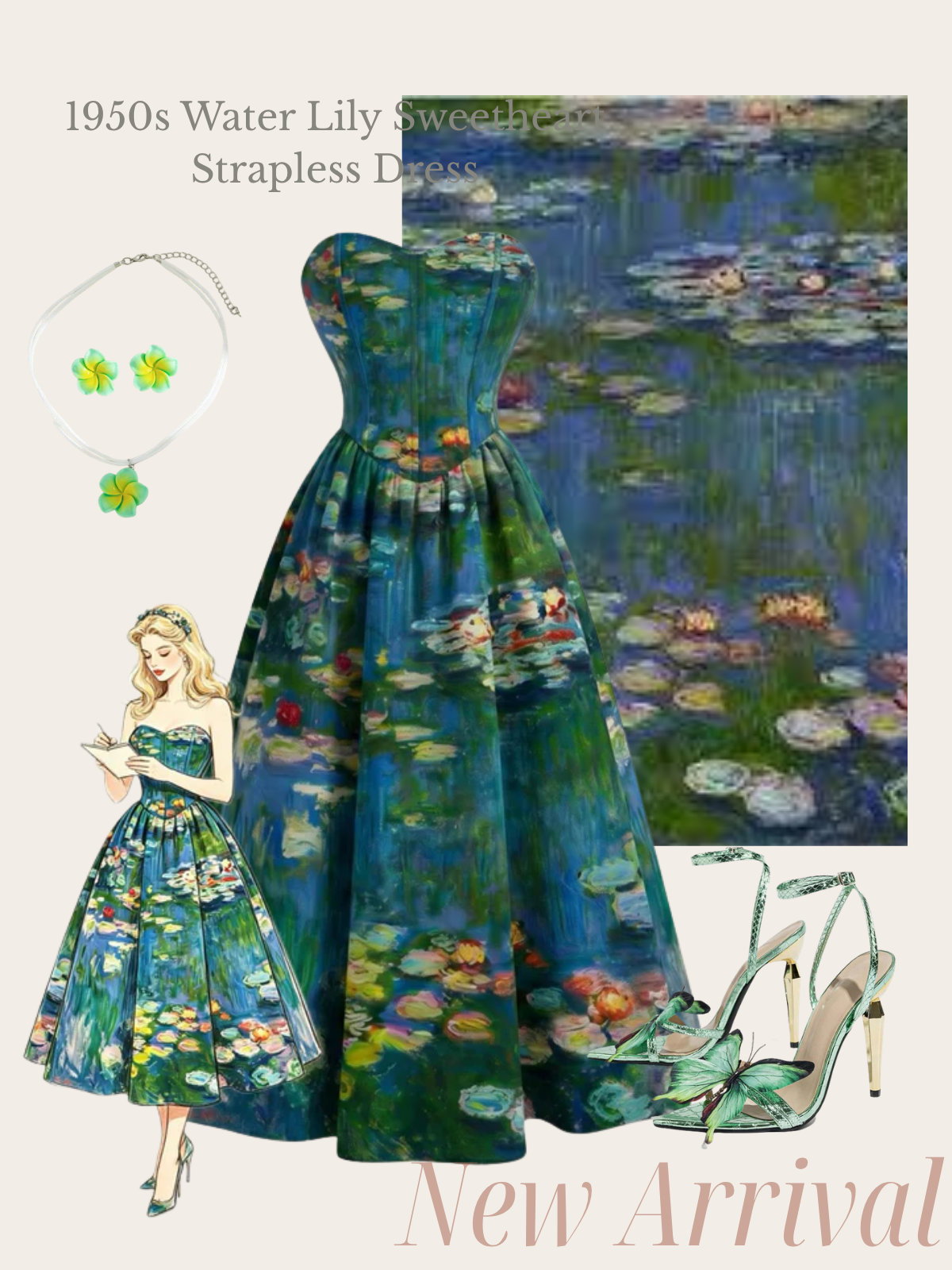 [Pre-Sale] Blue 1950s Water Lily Sweetheart Strapless Dress