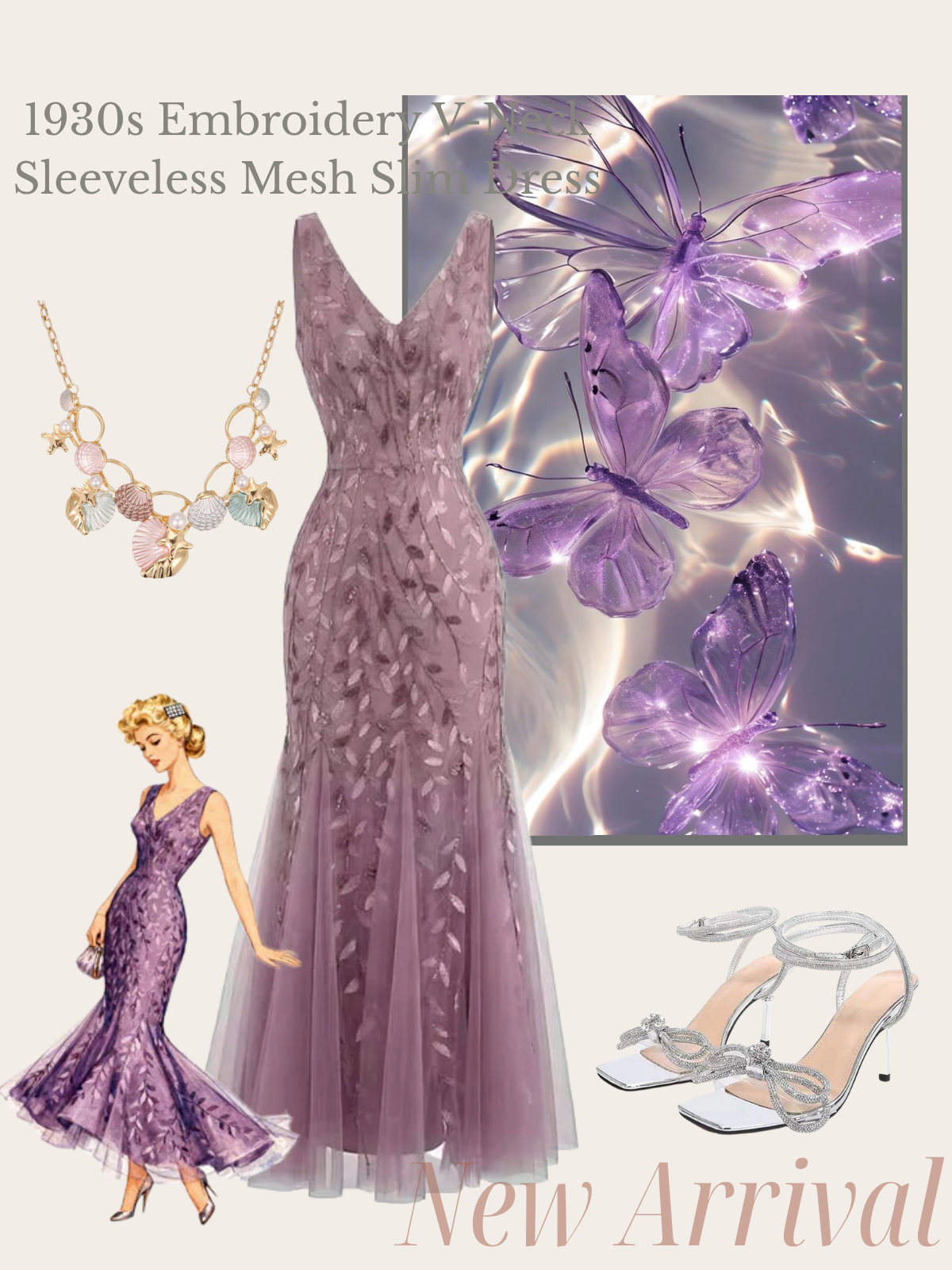 [Pre-Sale] 1930s Embroidery V-Neck Sleeveless Mesh Slim Dress
