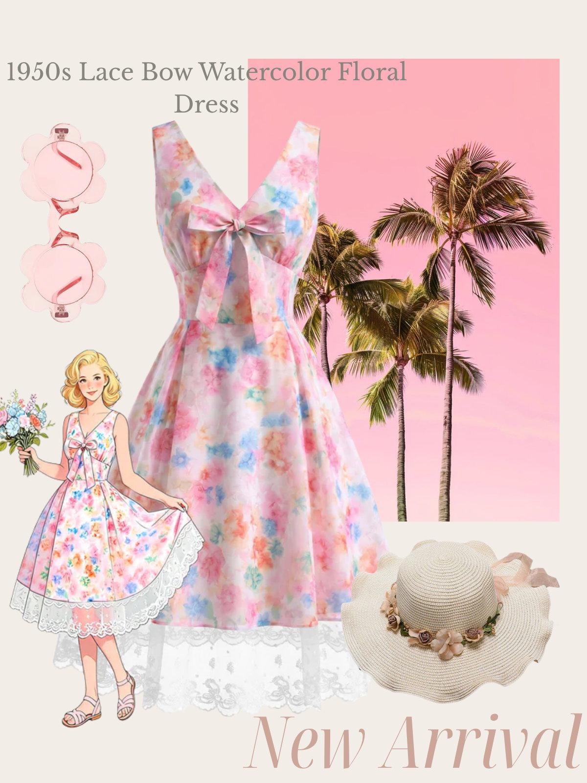 [Pre-Sale] Multicolor 1950s Lace Bow Watercolor Floral Dress