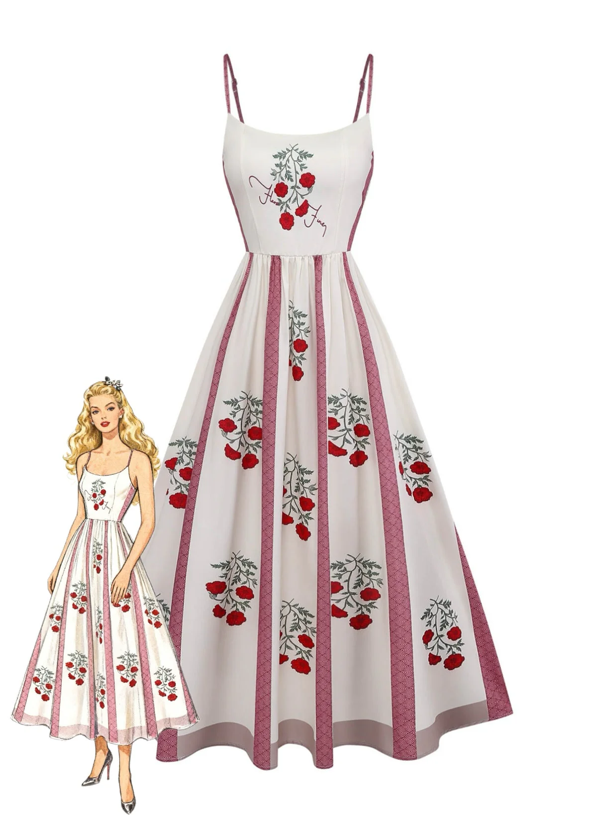 Beige 1950s Rose Spaghetti Strap Swing Dress