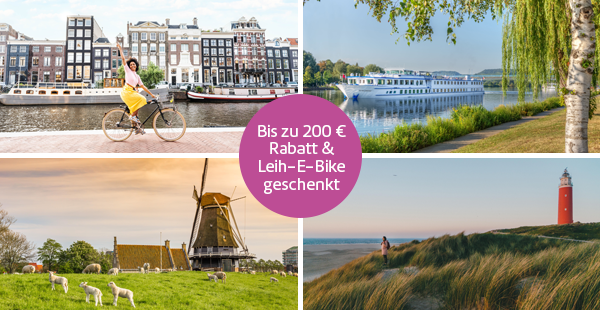 Bild-Collage: Frau fährt mit dem Rad entlang Grachten durch Amsterdam, Außenansicht Schiff MS de Amsterdam, Windmühle mit Schafen auf Weide, Frau steht am Meer mit Leuchtturm und Dünen.